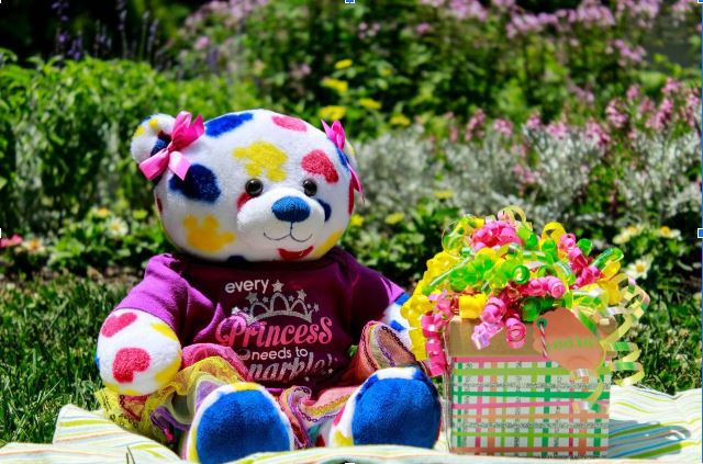 Photo of a colourful teddy bear with a gift box all wrapped up. Sitting in a summer garden setting with bushes behind.
