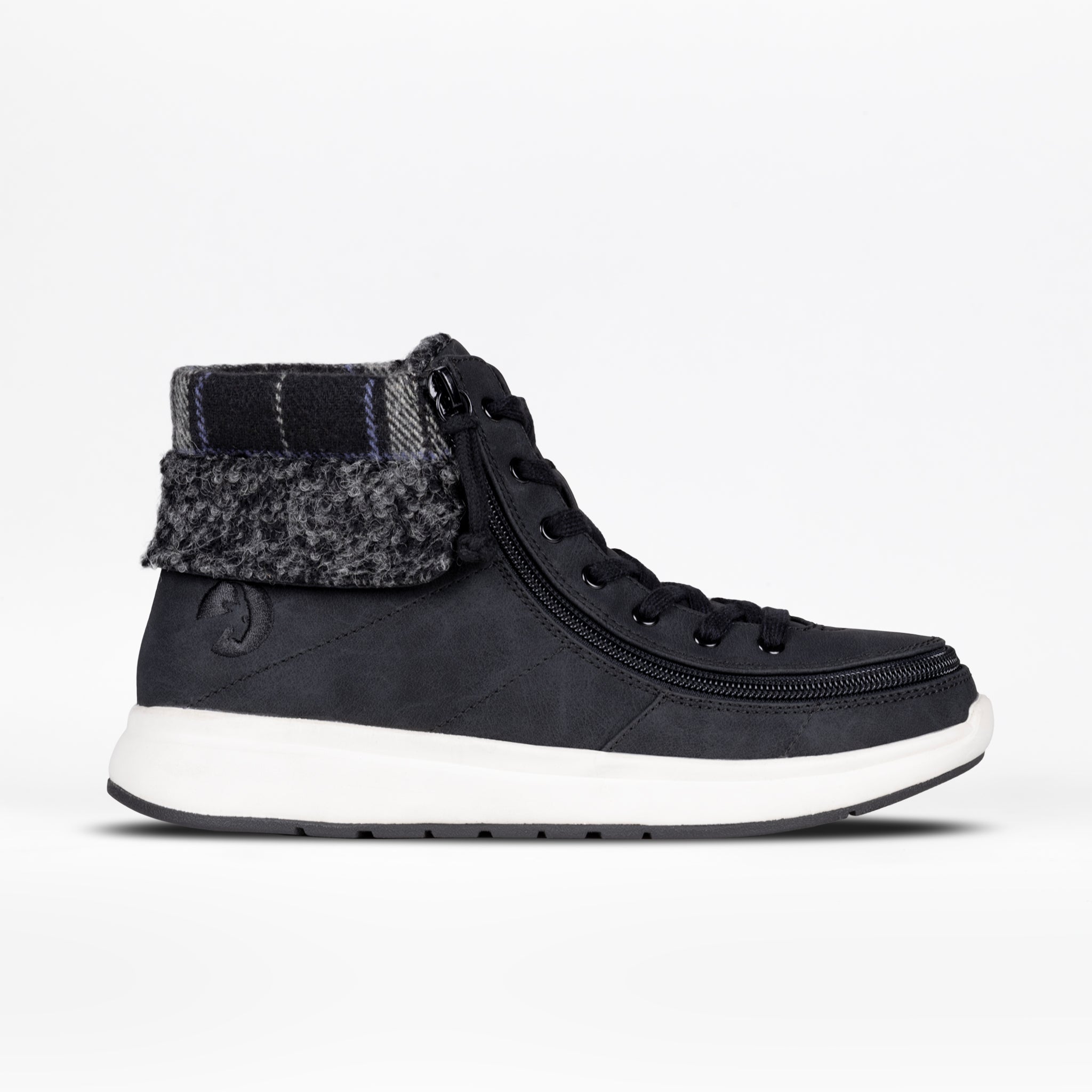 Women's Black BILLY Comfort Cuff high-top sneaker with wraparound zipper, functional laces, and fur collar detail, designed for easy accessibility and comfort.
