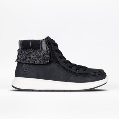 Women's Black BILLY Comfort Cuff high-top sneaker with wraparound zipper, functional laces, and fur collar detail, designed for easy accessibility and comfort.