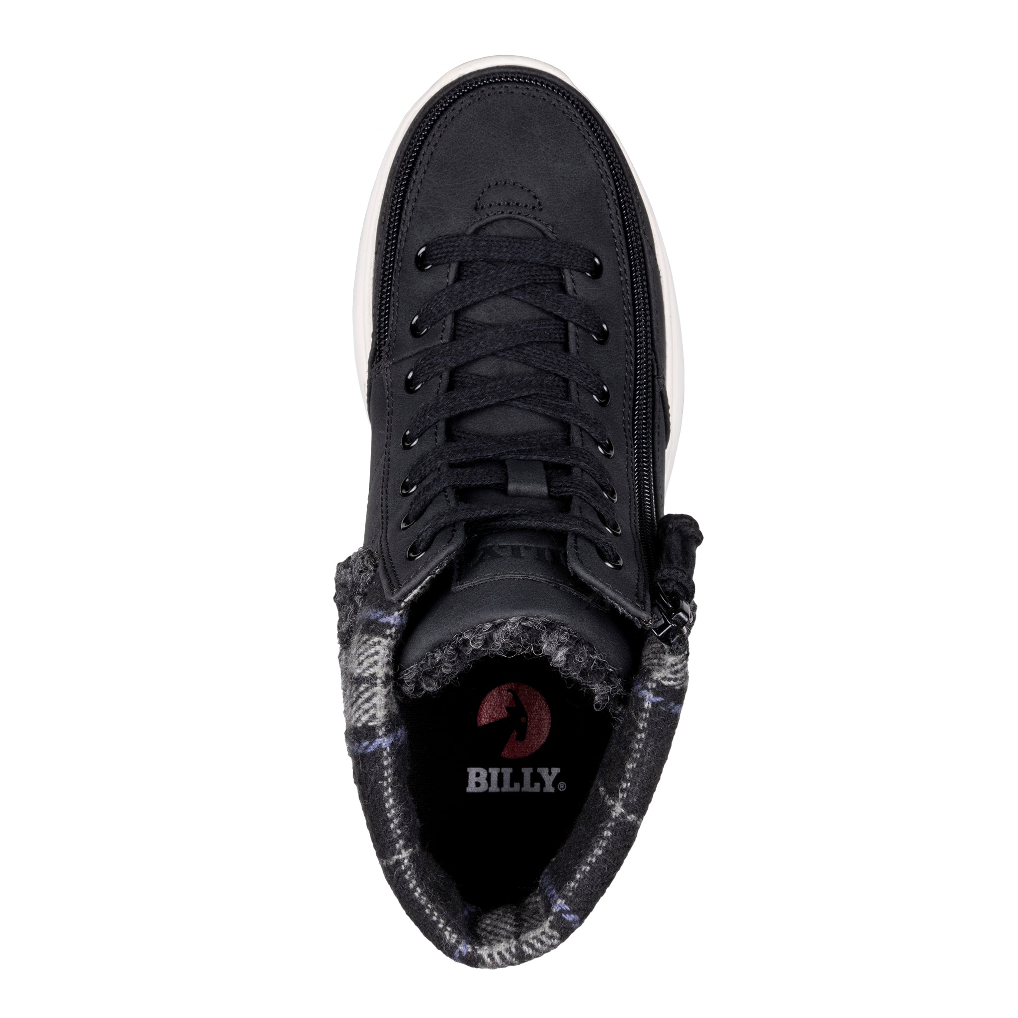 Women's Black BILLY Comfort Cuff high top with white sole, featuring a fur collar, wraparound zipper, and functional laces for easy access and comfort.