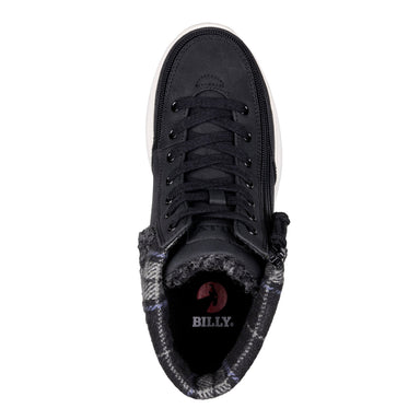 Women's Black BILLY Comfort Cuff high top with white sole, featuring a fur collar, wraparound zipper, and functional laces for easy access and comfort.