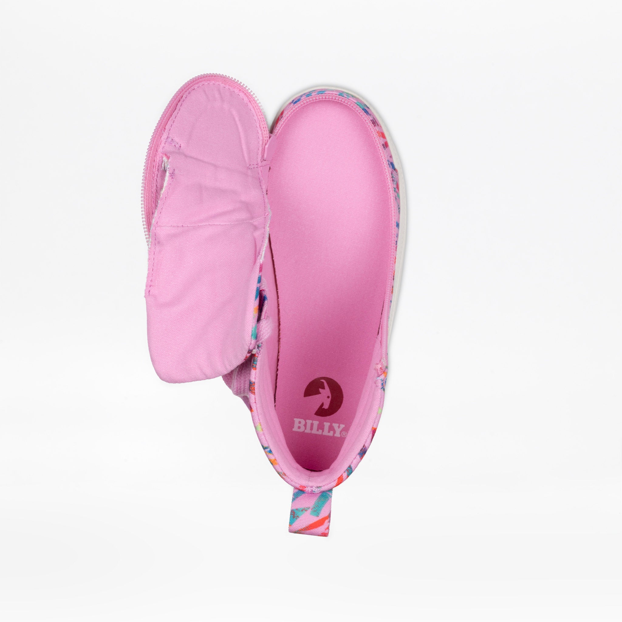 Pink slip-on shoe with colorful sole on a white background