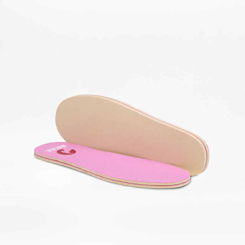 Two orthopedic shoe insoles shown on a clean white background, with one pink insole displaying the red Billy brand logo and the beige foam underside of the second insole.