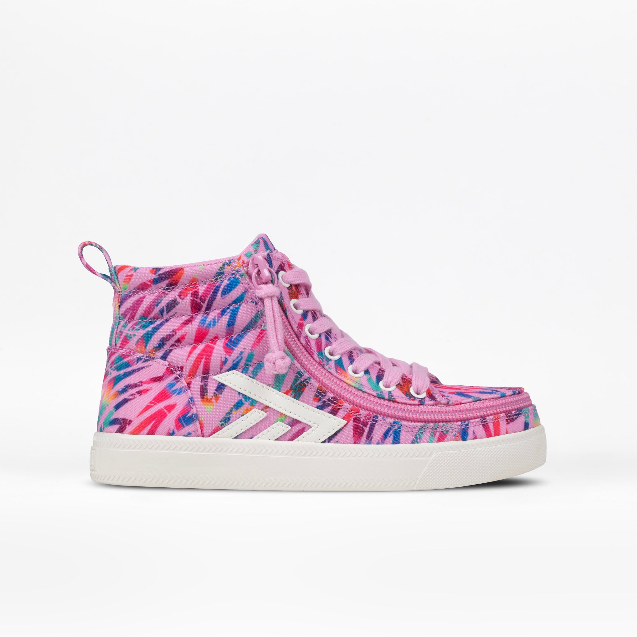 A high-top sneaker featuring a vibrant pink, blue, and red abstract brushstroke pattern, with a white side stripe, pink laces, and a white rubber sole, shown against a plain white background.