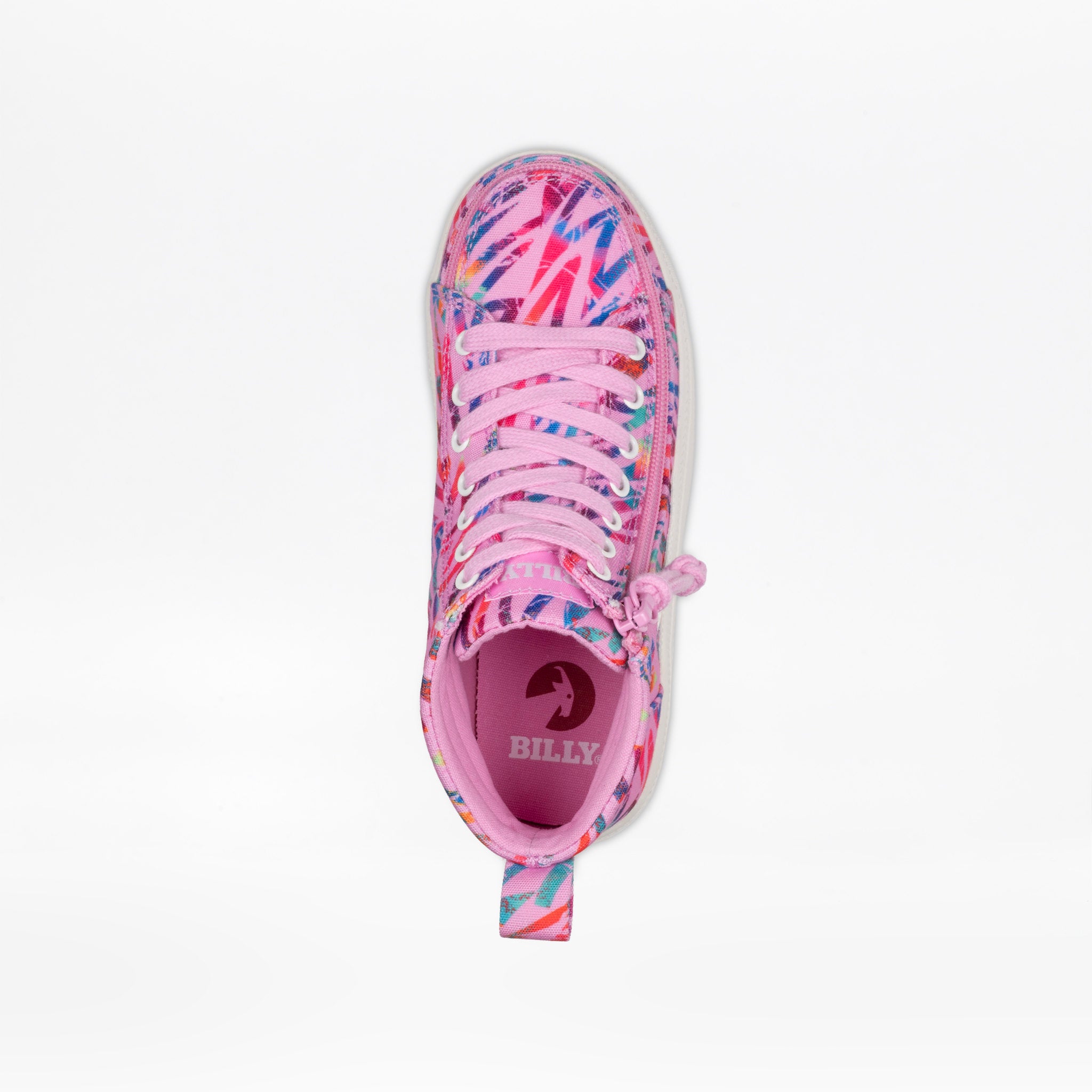 A single children's high-top sneaker shown from a top-down view on a clean white background. The shoe features a vibrant pink base with a multicolor abstract pattern in blue, purple, and red across the upper, pink laces, and a pink pull tab.