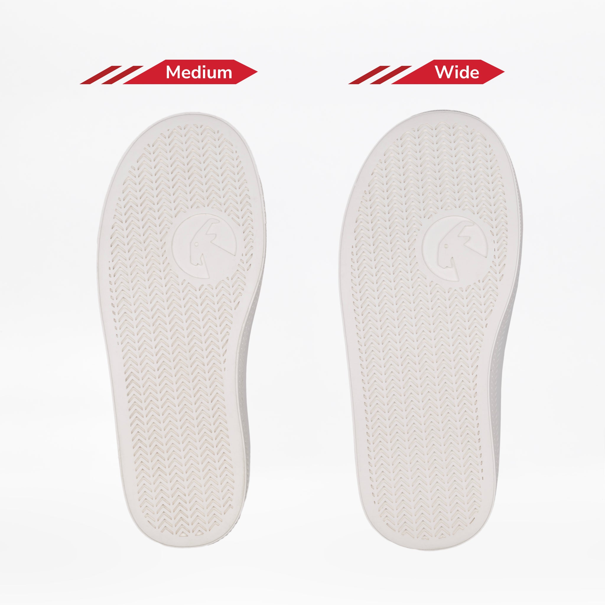 Two white trainer soles side by side. One is standard width and the other is a wider width.